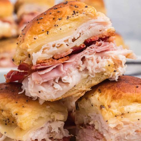 Baked Club Sliders ⋆ Real Housemoms Baked Sliders Recipes Hawaiian Rolls, Club Sliders, Family Lunches, Sliders Recipes Hawaiian Rolls, Sliders Recipes, Sliders Recipes Chicken, Cottagecore Recipes, Easy Chicken Casserole Recipes, Slider Sandwiches