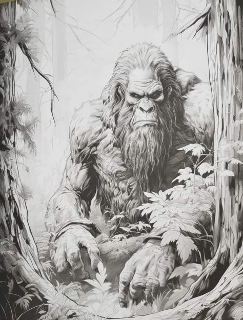 Bigfoot Drawing Illustrations, Bigfoot Drawing, Bigfoot Pictures, Bigfoot Art, Pencil Drawings Of Flowers, Bigfoot Sightings, Strange Beasts, Art Charcoal, Canvas Art Projects