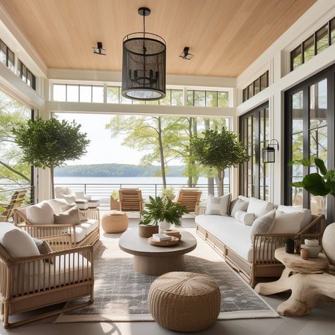 Wind The Key | A home tour of this luxury stone lake house that stands as a testament to timeless elegance and natural beauty. Design:… | Instagram Ranch Style Farmhouse, Light Wood Chairs, Outdoor Living Porch, Four Seasons Room, Southern Porches, Modern Lake House, Country Porch, Modern Ranch, Home Porch