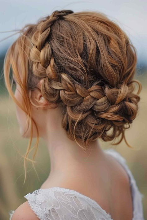 25 Best Wedding Hairstyle Ideas for Medium-Length Hair Braid Crown Bridesmaid, Wedding Hairstyles For Medium Length Curly Hair, Milkmaid Braid Wedding Hair, Fall Wedding Hair Updo, Crown Of Braids, Medieval Bridal Hair, Braid Crown Bridal Hair, Wedding Updo Red Hair, Braid Crown With Flowers