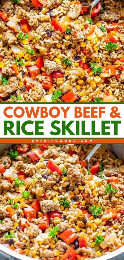 Simple comfort food in just 15 minutes! Made with cowboy caviar, this ground beef and rice skillet will keep you going back for another bite. Save this cowboy skillet recipe and enjoy this flavorful, hearty dinner! Beef And Rice Skillet, Ground Beef Rice, Rice Skillet, Beef Rice, Averie Cooks, Skillet Dishes, Hearty Comfort Food, Cowboy Caviar, Skillet Recipes