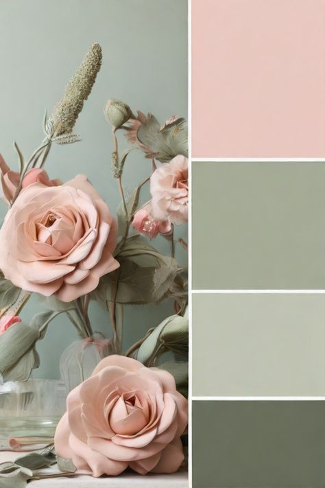 Green Pink Paint Palette, Blush And Sage Wall Art, Sage Color Room Ideas, Green And Blush Pink Living Room, Paint For Walls Colors, Sage And Pink Palette, Sage And Pink Interior, Blush Pink And Green Bedroom Ideas, Colours That Compliment Sage Green