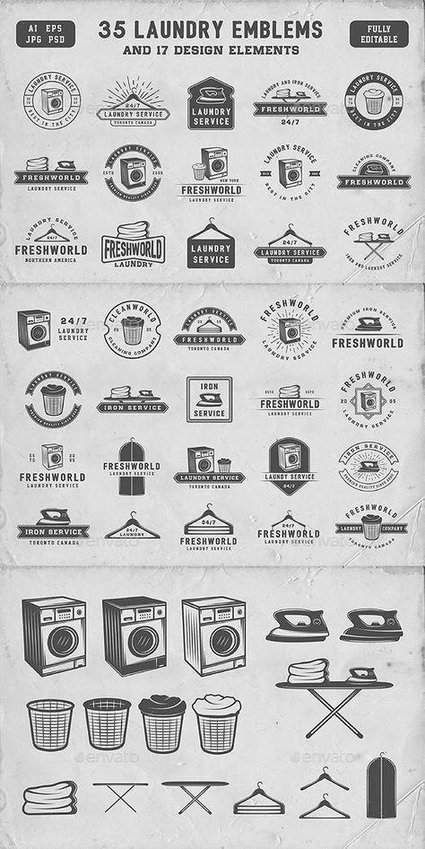 Vintage Laundry Emblems by Akim_D | GraphicRiver Laundry Business Design Logo, Laundromat Logo Design, Laundromat Branding, Laundry Shop Logo, Laundry Shop Design Ideas, Laundry Logo Design Ideas, Laundry Ads, Logo Laundry, Stain Removal Chart