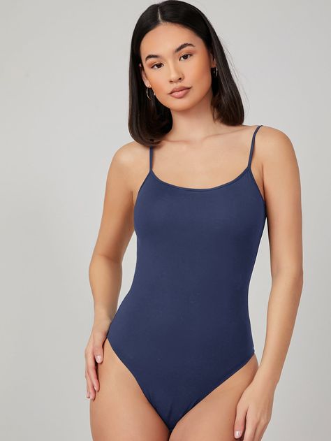 Navy Blue Casual  Sleeveless Viscose Plain Cami  Slight Stretch Summer Women Jumpsuits & Bodysuits Blue Leotard, Shein Basics, Spaghetti Strap Bodysuit, Petite Women, Womens Bodysuit, Black Bodysuit, Black Casual, Leotards, Fashion Online Shop