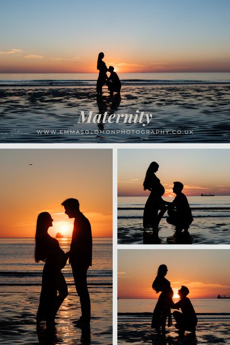 a silhouette of a couple during a maternity photoshoot on Longsands Beach in Tynemouth, North Tyneside, England Maternity Sunrise Photoshoot, Beach Baby Bump Photo Ideas, Beach Maternity Photos Couples Sunset, Matanity Shoot, Maternity Photography On Beach, Sunrise Maternity Pictures Beach, Sunset Beach Maternity Photos, Sunrise Maternity Pictures, Babymoon Photoshoot