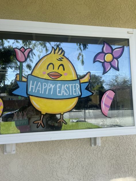 Easter Window Art Ideas, Easter Window Painting Easy, Easter Window Painting Ideas, Spring Window Painting Ideas, Easy Spring Window Art, Easter Window Art, Window Drawing Ideas Spring, Easter Window Painting, Spring Window Painting