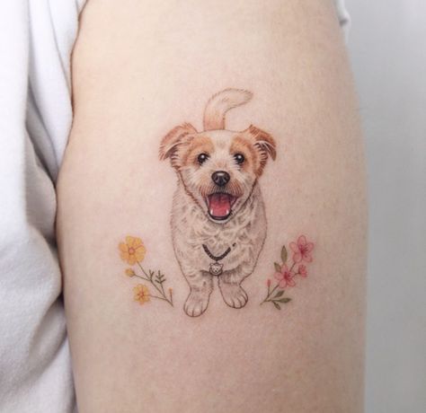 Colored Dog Tattoo, Popcorn Tattoo, Realistic Dog Tattoo, Bailey Tattoo, Pet Portrait Tattoos, Rip Tattoos For Mom, Puppy Tattoo, Soft Tattoo, Small Dog Tattoos