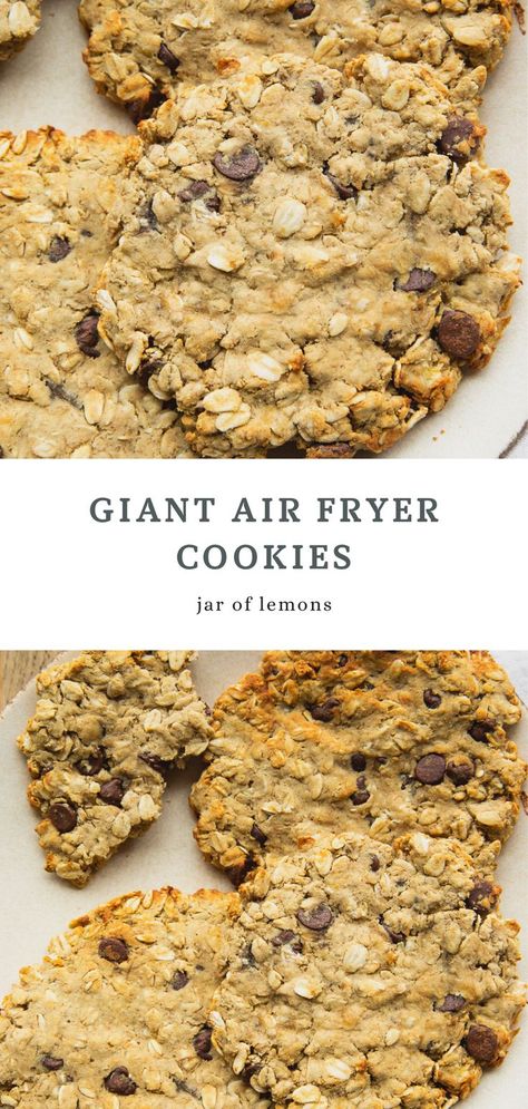 Two images of giant air fryer cookies on a plate. Air Fryer Chocolate Chip Cookies, Air Fryer Cookies, Gluten Free Dairy Free Breakfast, Cookies For Breakfast, Healthy Protein Snacks, Dairy Free Breakfasts, Vegan Thanksgiving Recipes, Protein Snack, Healthy Cookie Recipes