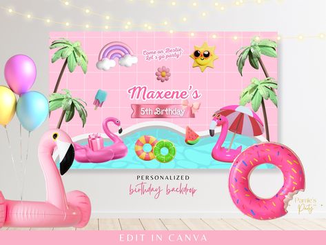 Editable Pink Pool Party Birthday Backdrop, Malibu Barbs Birthday, Pink Birthday Custom Banner, Flamingo Floaties | Personalized | Canva by PamiesPartyPH on Etsy Welcome To Maya Barbie Pool Party, Flamingo Floaties, Printable Birthday Banner, Pink Flamingo In The Pool, Edit Font, Photoshoot Props, Pink Doll, Pool Birthday Party, Barbie Doll House