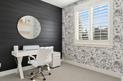 Don't be afraid of dark accent walls! We recently added this black shiplap accent wall and I'm in love! I am sharing all the details of our office reveal over on the blog. #blackshiplap #accentwall #office #officedecor #shiplap #wallpaper #officedesign #homedecor #homedesign Shiplap Wall Office Decor, Shiplap Accent Wall Office, Black Shiplap Wall Office, Black Shiplap Accent Wall, Simplistic Office, Shiplap Wallpaper, Black Shiplap, Dark Accent Walls, Black And White Office