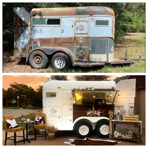 Travel Trailer Bar Ideas, Horse Trailer Into Bar, Alcohol Food Truck Ideas, Mobile Horse Trailer Coffee Bar, Horse Trailer Drink Bar, Horse Trailer Food Cart, Horse Trailer Coffee Cart, Mobile Business Trailer, Turning A Horse Trailer Into A Bar