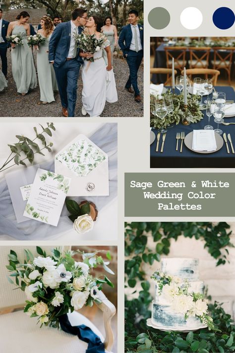 Sage Green Navy And Grey Wedding, White Sage Blue Color Palette, Sage And Blue Color Palette Wedding, Moss And Navy Wedding, Sage And White Wedding Theme, Sage And Navy Blue Wedding, March Wedding Color Schemes, Olive And Navy Wedding, Navy And Eucalyptus Wedding