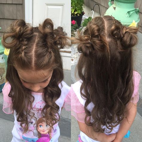 47 Likes, 9 Comments - Cory (@tousledandtangledhair) on Instagram: “My daughter picked her own style today. 2 half Dutch Braids into messy buns with curly hair.…” Messy Curly Hair, Popular Girls, Cool Hairstyles For Girls, Girl Hair Dos, Messy Buns, Princess Hairstyles