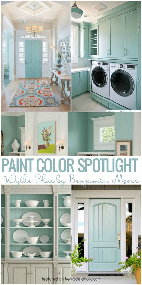 Wythe Blue By Benjamin Moore @Remodelaholic Gray Front Door Colors, Light Blue Grey Paint, Wythe Blue, Blue Gray Paint Colors, Blue Front Door, Blue Gray Paint, Door Colors, Grey Paint Colors, Best Paint Colors