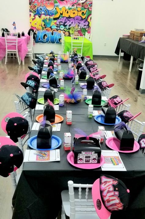 Breakdance Party Theme, 90s Theme Table Setting, 2nd Birthday Dance Party, Hip Hop Birthday Party Ideas For Kids, 2 Legit 2 Quit Birthday Party Girl, Two Legit To Quit Birthday Girl, Toddler Dance Party, Hip Hop Party Theme, Dance Party Theme