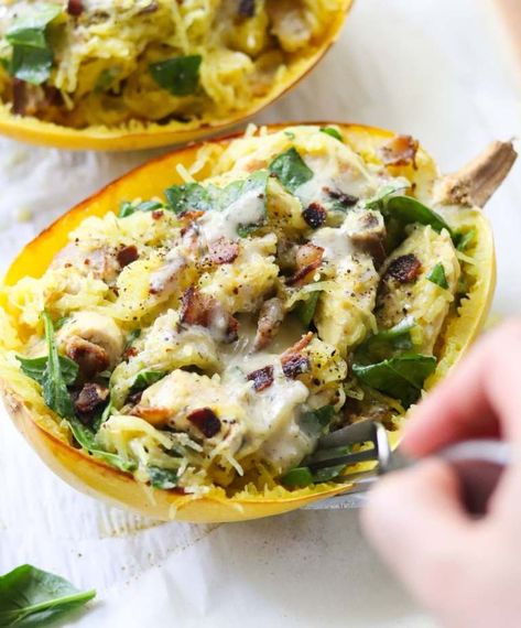 Chicken, Bacon & Ranch Stuffed Spaghetti Squash - Cook At Home Mom Chicken Bacon Ranch Spaghetti Squash, Whole 30 Spaghetti Squash, Keto And Gluten Free, Squash Boats, Stuffed Spaghetti Squash, Cooking Spaghetti Squash, Whole 30 Meal Plan, Whole30 Dinners, Dairy Free Dinner