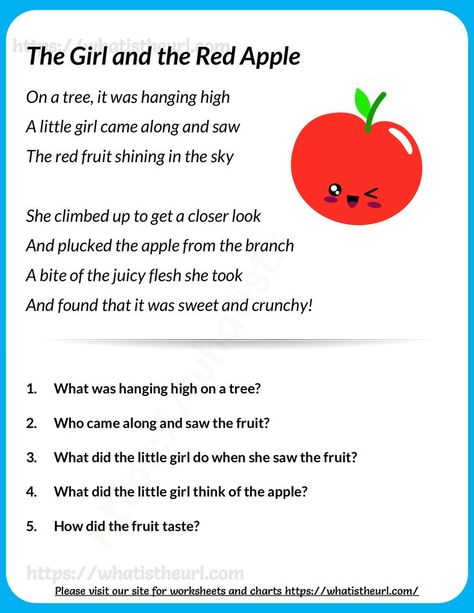 This reading comprehension can be used for Grade 3 or Grade 4 students.  This is a small poem about an apple and a girl.Please download the PDF The Girl and the Red Apple – Reading Comprehension (G3) Poetry Comprehension Worksheets, Poetry Comprehension, 2nd Grade Reading Comprehension, Poems About School, Picture Comprehension, Kids Printable Coloring Pages, Small Poems, Visual Perception Activities, Reading Comprehension For Kids