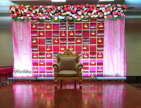 Shribha.Events on Instagram: “A simple baby shower decor with bangles, floral runners and pink drapes! #shribha #shribhaweddings” Decor With Bangles, Srimantham Decoration At Home Simple, Simple Baby Shower Decor, Simple Baby Shower Decorations, Pink Drapes, Door Flower Decoration, Bangle Ceremony, Diy Floral Decor, Floral Runner