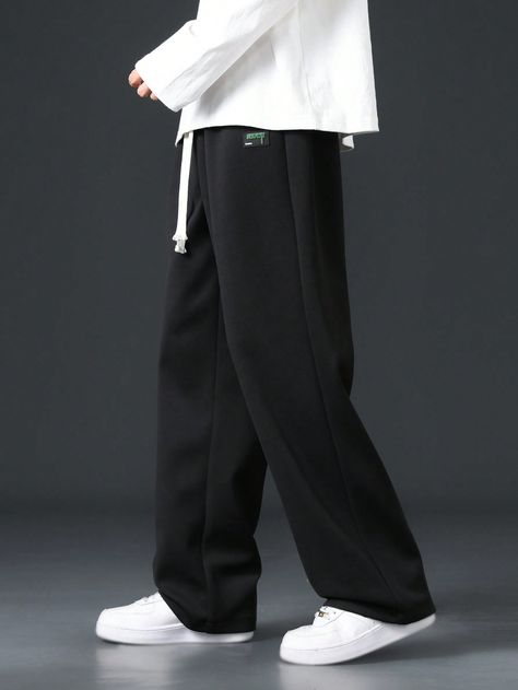 Men Letter Patched Detail Drawstring Waist Pants Black Casual   Fabric Letter,Plain Straight Leg Slight Stretch  Men Clothing, size features are:Bust: ,Length: ,Sleeve Length: Straight Leg Sweatpants, Muslimah Photography, Men's Fashion Casual, Drawstring Waist Pants, Shein Pants, Fabric Letters, Men Pants, Cool Outfits For Men, Waist Pants