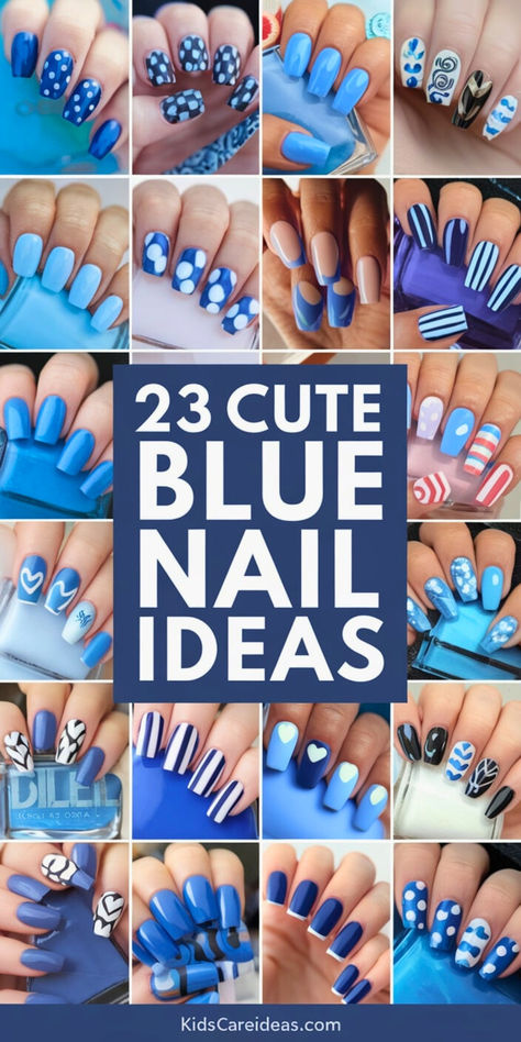 Ombré Nails Blue, Blue Tip Nails French Manicures, White Nails With Blue, Cute Blue Nail Ideas, Blue Nail Ideas, White Pedicure, Fingernail Designs, Nails For Kids, Blue Nail