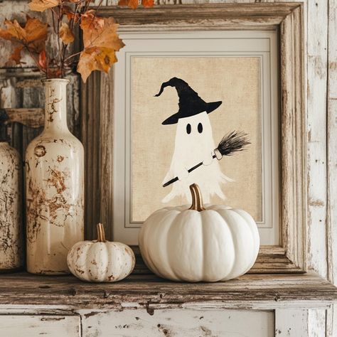 Classy Halloween Home Decor, Halloween Chic Decor, Scandi Halloween Decor, Vintage Ghost Decoration, Beautiful Witch Art, Shabby Chic Halloween Decor, Drawing Cottage, Witch Office, Thrifted Ghost Painting Trend