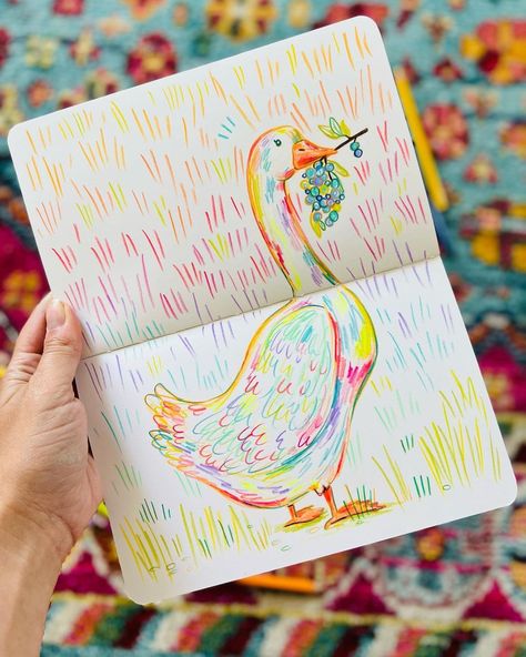 Color Pencil Illustration Prismacolor, Colorful Pencil Drawings, Goose Doodle, Creative Things To Do, Colored Pencil Doodles, Colorful Doodle Art, Colored Pencil Sketches, Crayon Doodles, Color Doodles