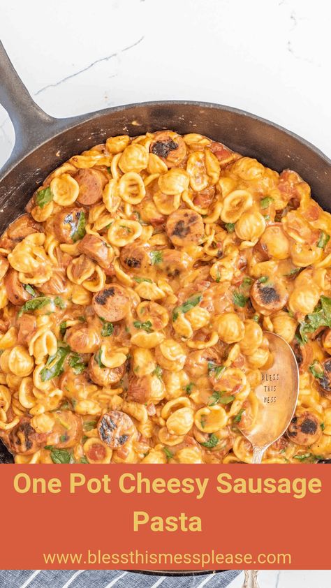 One pot cheesy sausage pasta is a decadent and rich one-pot meal, full of melty cheese and bites of summer sausage, and perfect for an easy meal at home when you don't want a lot of cleanup! #onepotmeals #onepotrecipes #onepotpasta #pasta #cheesysausagepasta #sausagepasta One Pot Sausage Meals, Apocalypse Meals, Cheesy Sausage Pasta, Summer Sausage Recipes, Smoked Sausage Pasta, Enchilada Pasta, Future Chef, Dinner Pasta, Summer Sausage