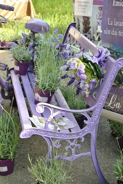 Lavender the plant and lavender the colour on a metal garden bench, wonderfully pretty look with a gorgeous aroma to match . . . Purple Bench, Fantasy Cottage, Lavender Cottage, Diy Bench Outdoor, Deco Champetre, Decoration Shabby, Lukisan Cat Air, Terrace Garden, Garden Bench