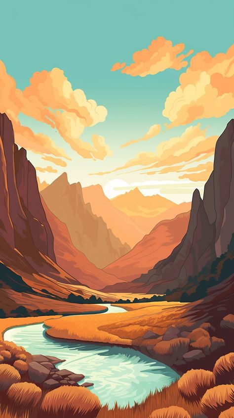 Adventure Landscape, Digital Nature Art, Digital Art Mountains, Vector Art Landscape, Cartoon Mountains, Outdoor Drawings Nature, Fantasy Landscape Illustration, Landscape Vector Illustration, Cartoon Landscape