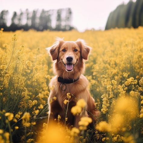 dog in field flower Spring Photoshoot With Dog, Dogs In Flowers, Doggie Wallpaper, Dog In Field, Golden Retriever Flowers, Dog Photography Poses, Tulips Images, Animal Intelligence, Puppy Portraits