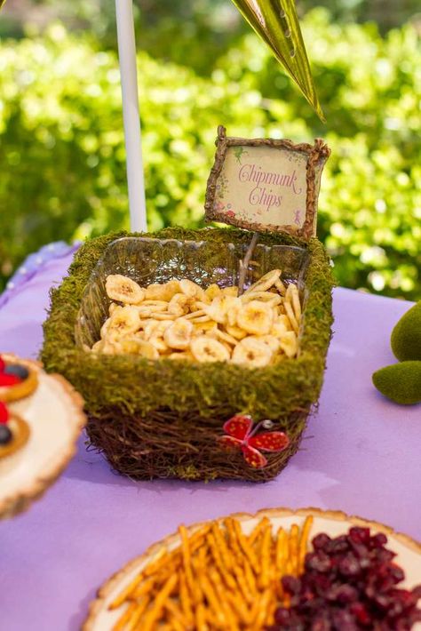 Mattea's Enchanted Garden | CatchMyParty.com Fairy Party Candy Table, Enchanted Garden Food Ideas, Woodland Fairy Tea Party, Enchanted Forest Birthday Party Games, Fairy Party Snacks, Fairy Garden Food Ideas, Fairy First Birthday Food, Fairy Birthday Party Food, Fairy Food Ideas