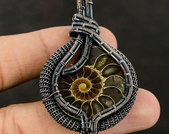 Wire wrapped swarovski crystal pendant - Etsy Ammonite Jewelry, Moon Necklace Silver, Copper Gifts, Bijoux Fil Aluminium, Unique Pendant Necklace, Fossil Jewelry, Ammonite Fossil, Electroformed Jewelry, Handmade Bangles