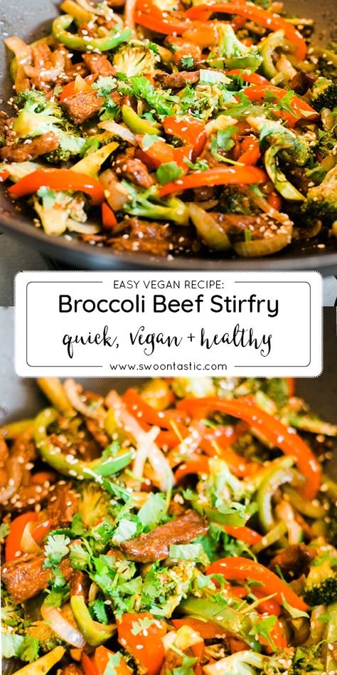 Easy Broccoli Beef, Vegan Stirfry, Recipe For Lunch, Vegan Stir Fry, Easy Broccoli, Vegan Beef, Easy Vegan Recipes, Beef Strips, Green Peppers