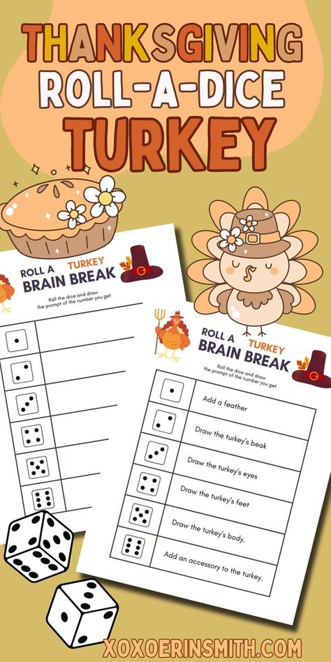 fun Thanksgiving Roll a Turkey Game printable for kids Roll A Dice Game, Roll A Turkey, Thanksgiving Day Activities, Dice Printable, Roll A Dice, Fun Thanksgiving Games, Game Printable, Thanksgiving Turkey, Thanksgiving