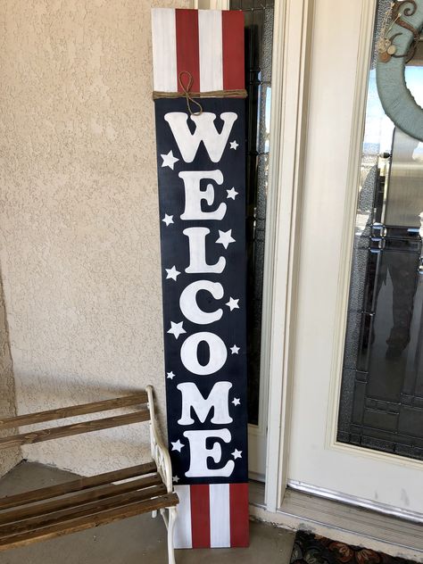 Outside Birthday Parties, Patriotic Wood Signs, Patriotic Welcome Sign, Patriotic Porch Decor, American Flag Diy, Patriotic Porch, Wood Welcome Sign, Summertime Crafts, Outdoor Welcome Sign