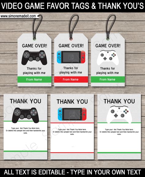 Video Game Birthday Party Theme Favor Tags & Thank You Notes - Playstation Party Invitation, Nintendo Switch Party Invitation & Xbox Party Invitation - Editable & Printable DIY Templates - Instant download via simonemadeit.com Nintendo Switch Party, Switch Party, Nintendo Birthday Party, Playstation Party, Xbox Party, Video Game Birthday Party, Game Birthday Party, Video Game Birthday, Video Games Birthday Party