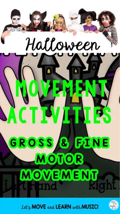 Halloween Music And Movement Toddlers, Gross Motor Halloween Preschool, Halloween Physical Activities For Preschool, Music Games For The Classroom Movement Activities, Halloween Preschool Gross Motor Activities, Large Motor Halloween Activities, October Gross Motor Activities, Halloween Motor Activities, Halloween Movement Games