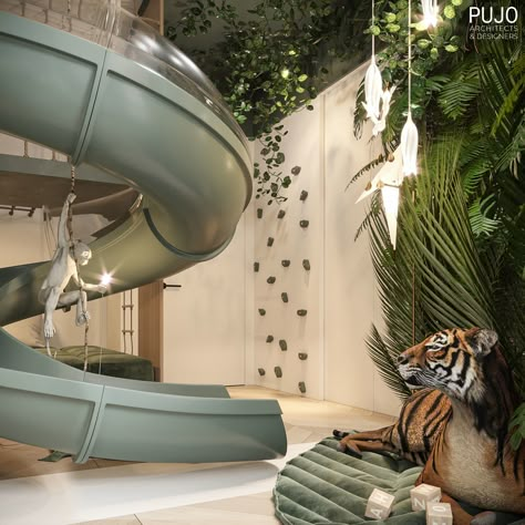 JUNGLE on Behance Jungle Playground, Kids Playrooms, Luxury Kids Bedroom, Indoor Slides, Kindergarten Design, Playroom Design, Kids Interior Room, Toy Room, Salou