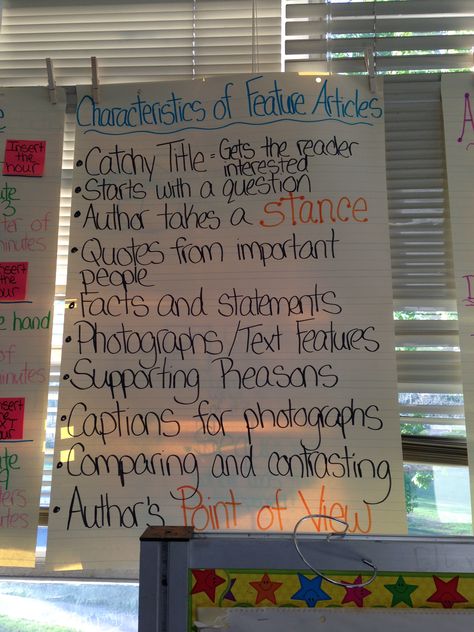 Feature Articles Chart Feature Article Examples, Writing Anchor Chart, Newspaper Project, Non Fiction Writing, 5th Grade Ela, Writing Anchor Charts, Teacher Activities, 4th Grade Ela, Elementary Writing