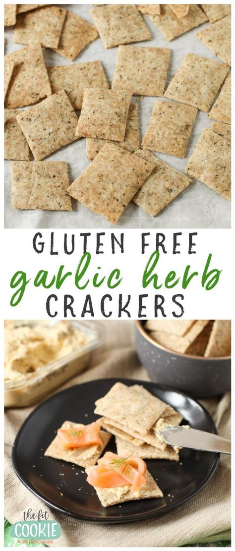 Homemade crackers are great for healthier appetizers and snacks! Our Gluten Free Garlic Herb Crackers are whole grain, dairy free, and peanut free too - @TheFitCookie #vegan #glutenfree #snacks #appetizers Dairy Free Recipes Appetizers, Garlic Crackers, Chia Seed Crackers, Herb Crackers, Gluten Free Cracker Recipe, Homemade Crackers Recipe, Seed Crackers, Gluten Free Crackers, Homemade Crackers