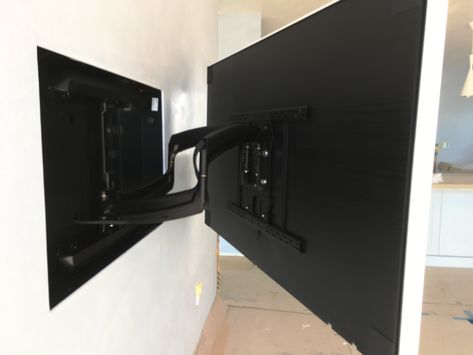 Tv On Arm Bracket Living Room, Samsung Frame Tv Mount, Frame Tv On Swivel Mount, The Frame Samsung Ideas, Tv Arm, Samsung The Frame, Hidden Tv, Living Space Decor, Tv Bracket