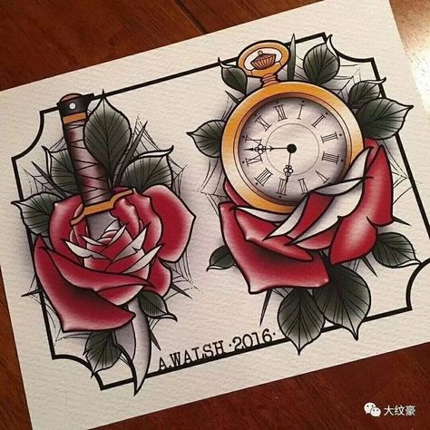 Traditional Pocket Watch Tattoo, Traditional Tattoo Clock, Clock And Rose Tattoo, Scroll Tattoos, Old School Rose, Cow Tattoo, Peacock Tattoo, Throat Tattoo, Traditional Roses