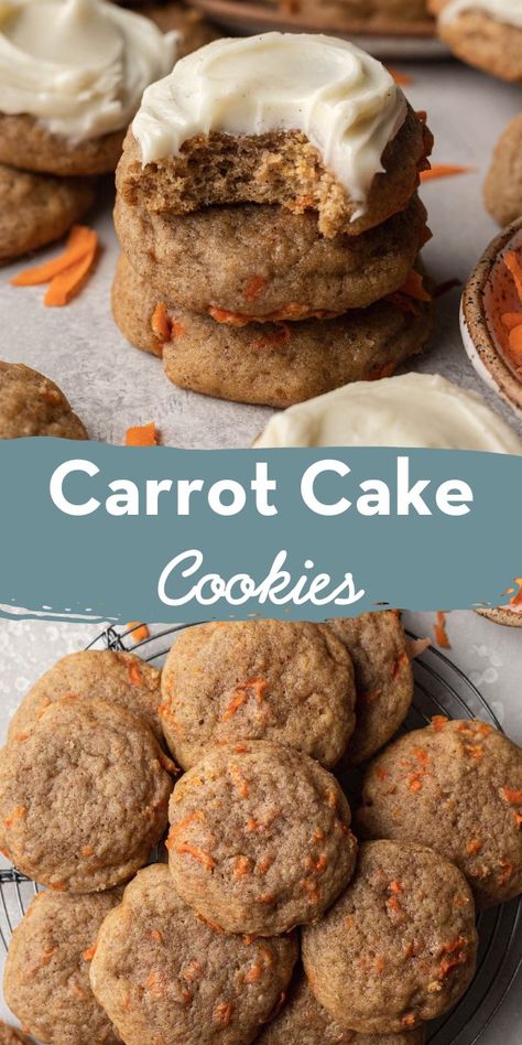 Carrot Cake Cookies Recipe, Cookies With Cream Cheese, Soft Cake, Carrot Cookies, Carrot Cake Oatmeal, Carrot Cake Cookies, Potluck Desserts, Best Carrot Cake, Cookie Cake Recipe