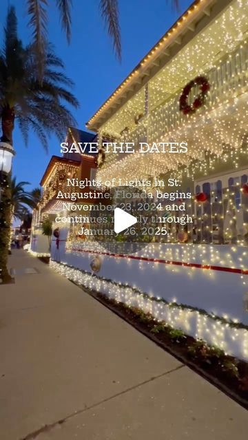 St Augustine FL on Instagram: "#christmasinjuly 🎄✨🎁 SAVE THE DATES: Nights of Lights begins November 23, 2024 and continues nightly through January 26, 2025 in St. Augustine, Florida! 

🎄 Find ways to see the lights and holiday events at nightsoflights.com 

#floridashistoriccoast #christmas #nightsoflights #lights #staugustine #florida #saintaugustine #reels #holiday #holidayseason #family #vacation #christmasvacation" St Augustine Christmas Lights, Saint Augustine Christmas, Holiday Lights Display, Travel Florida, Florida Christmas, St Augustine Florida, Holiday Events, Bucket List Destinations, November 23