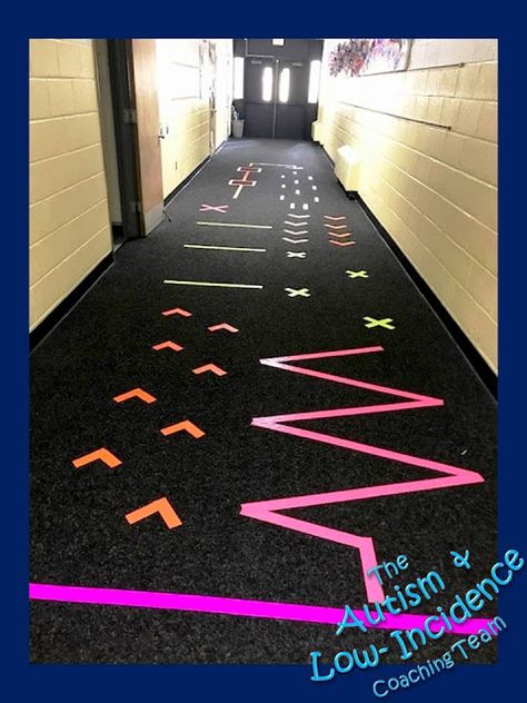 Sensory Hallway School, Sensory Hallway Path, Sensory Floor Path Ideas, Preschool Hallway Ideas, Sensory Path School Hallway, Interactive Hallway, Sensory Hallway, Sensory Stations, Sensory Seeking Behavior