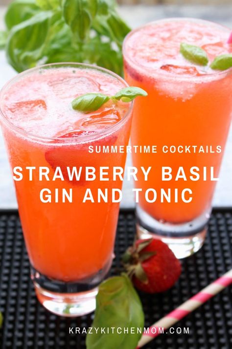 STRAWBERRY BASIL GIN AND TONIC - Refreshing, sweet from the strawberries, pleasingly pungent from the fresh basil, and fizzy from the tonic water. Strawberry Gin And Tonic, Gin Drink Recipes, Strawberry Gin, Summertime Cocktail, Strawberry Cocktails, Strawberry Basil, Tonic Recipe, Gin Drinks, Refreshing Cocktail