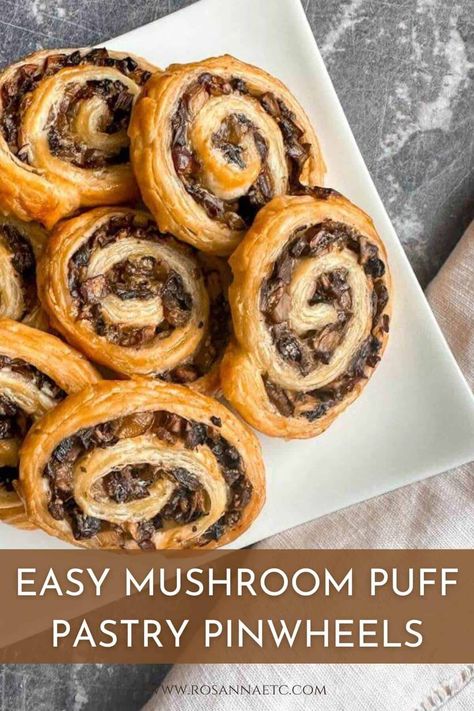 Party Appetizers Christmas, Party Food Ideas Christmas, Mushroom Pinwheels, Freezable Appetizers, Appetizers Puff Pastry, Easy Pinwheels, Mushroom Puff Pastry, How To Make Pinwheels, Pastry Pinwheels