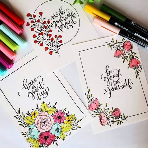 Calligraphy by Mukta sur Instagram : Here's the completed colorful floral cards.. Thanksss for liking the previous post of these too without the colors.. 😊❤️.. . . Also the… Border Ideas For Chart Paper, Border Design In Chart Paper, Floral Border Design For Project, Border Design For Chart Paper, Chart Paper Border Design, Flower Doodling, Editing Quotes, Page Borders Design Handmade, Calligraphy Borders