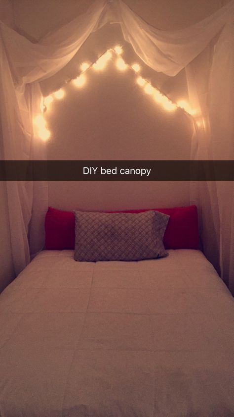 Did my own DIY canopy last night. Used white push pins and these 120 inch sheer white curtains I got on Rollback at Walmart ☺️☺️ #bed #canopy #DIY #Easy 💛💛💛💛 Canopy Bed Diy Command Hooks, Diy Bed Canopy Easy Dorm Room, Diy Bed Curtains Canopies, Diy Bed Canopy With Lights, Canope Bed, Bed Curtains Diy, Sheer Bed Canopy, Canopy Drapes, Diy Bed Canopy