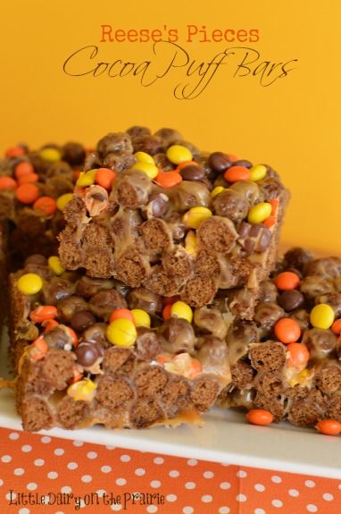 Reese's Pieces Cocoa Puff Bars  Little Dairy on the Prairie  Peanut Butter Krispy Treats Puff Bars, Coco Puffs, Reese's Pieces, Cocoa Puffs, Krispy Treats, Cereal Treats, Sweet Treats Recipes, Oreo Dessert, S'mores